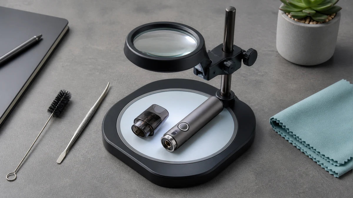 Complete pen and detached mouthpiece arranged for visual inspection
