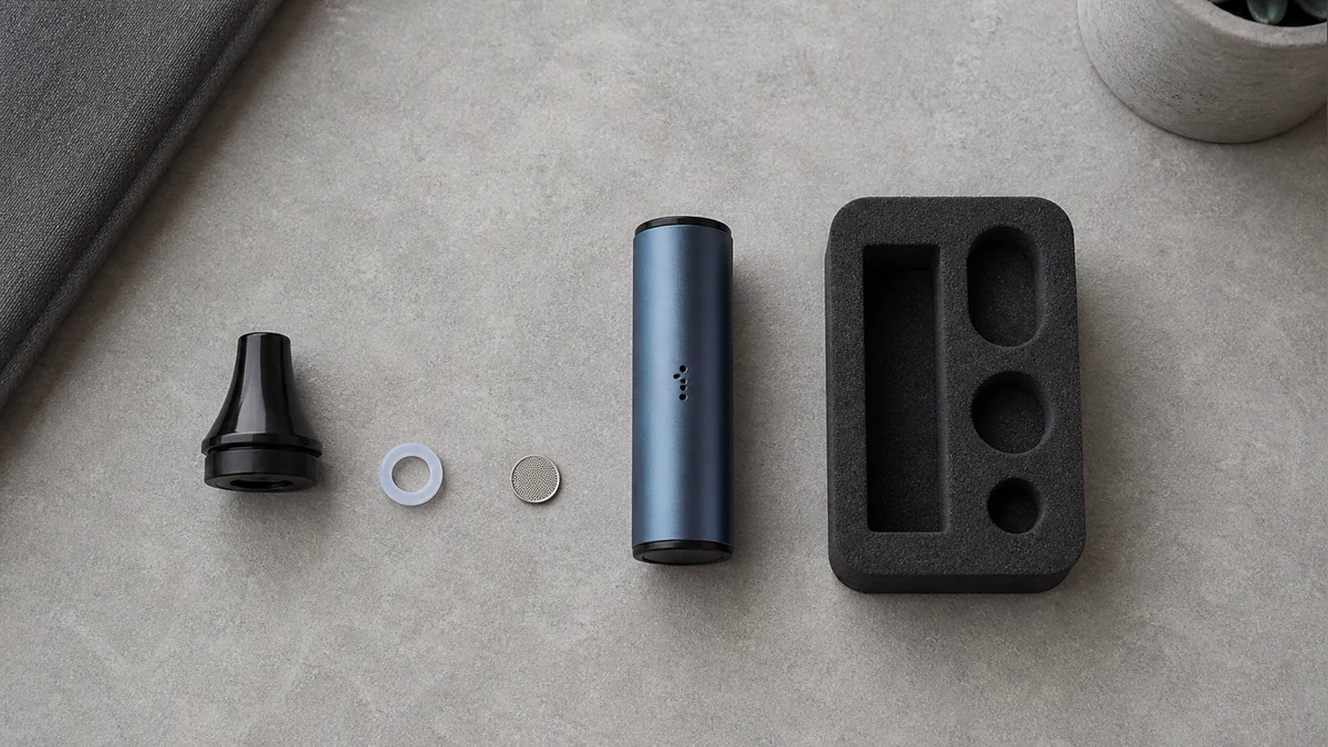 Mouthpiece, seal, screen and pen body separated on a parts tray