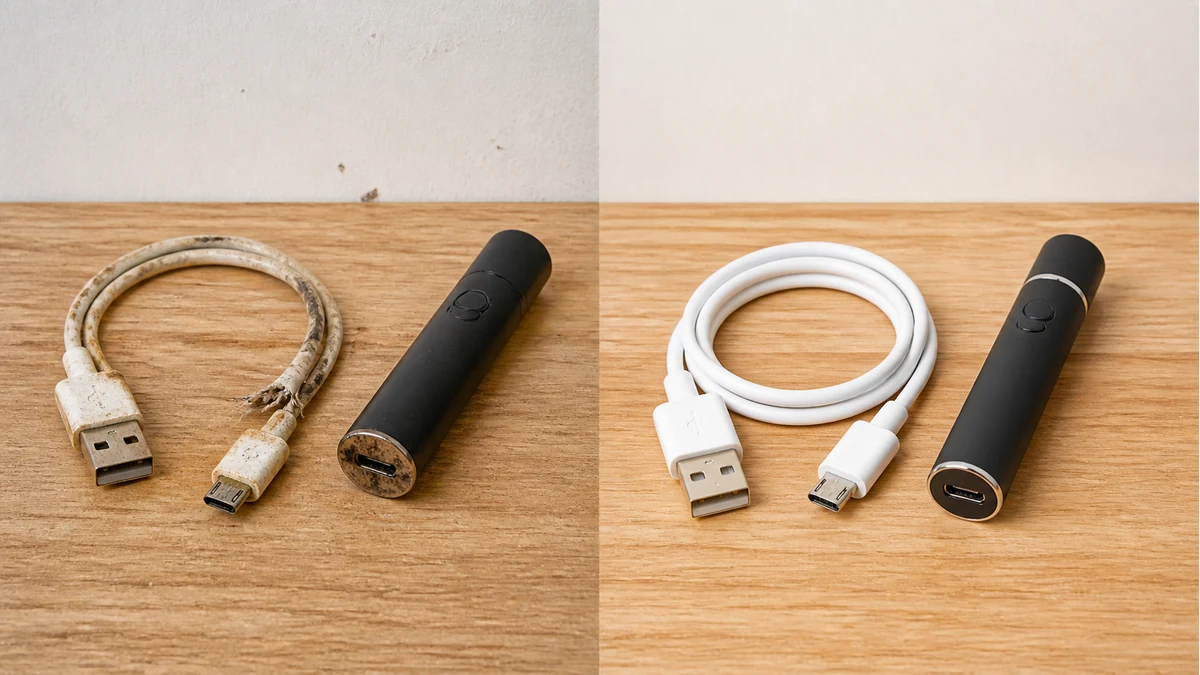 Damaged cable dirty port and healthy charging setup compared