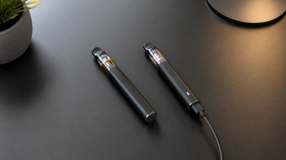 Two complete vape pens shown resting and charging