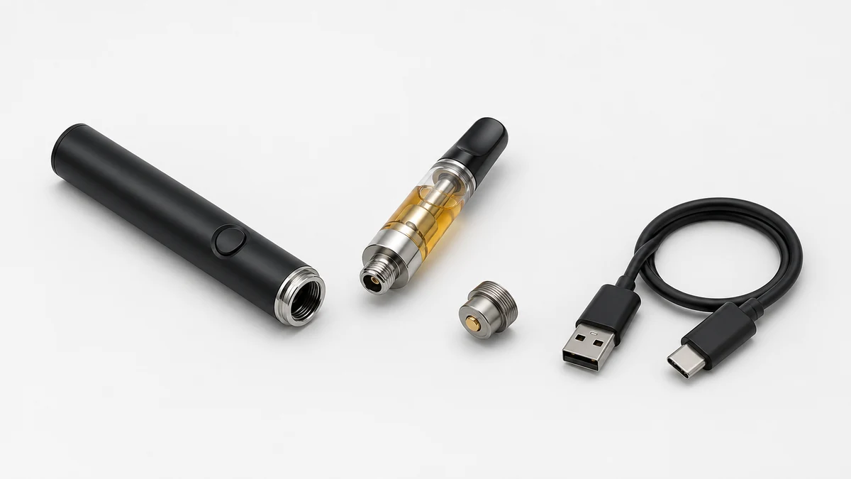 Vape pen, cartridge, contact and proper cable arranged separately