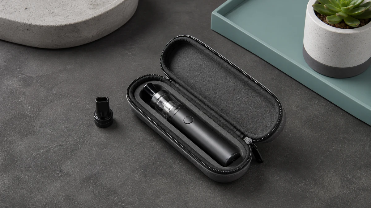 Complete vape pen stored inside a slim protective case
