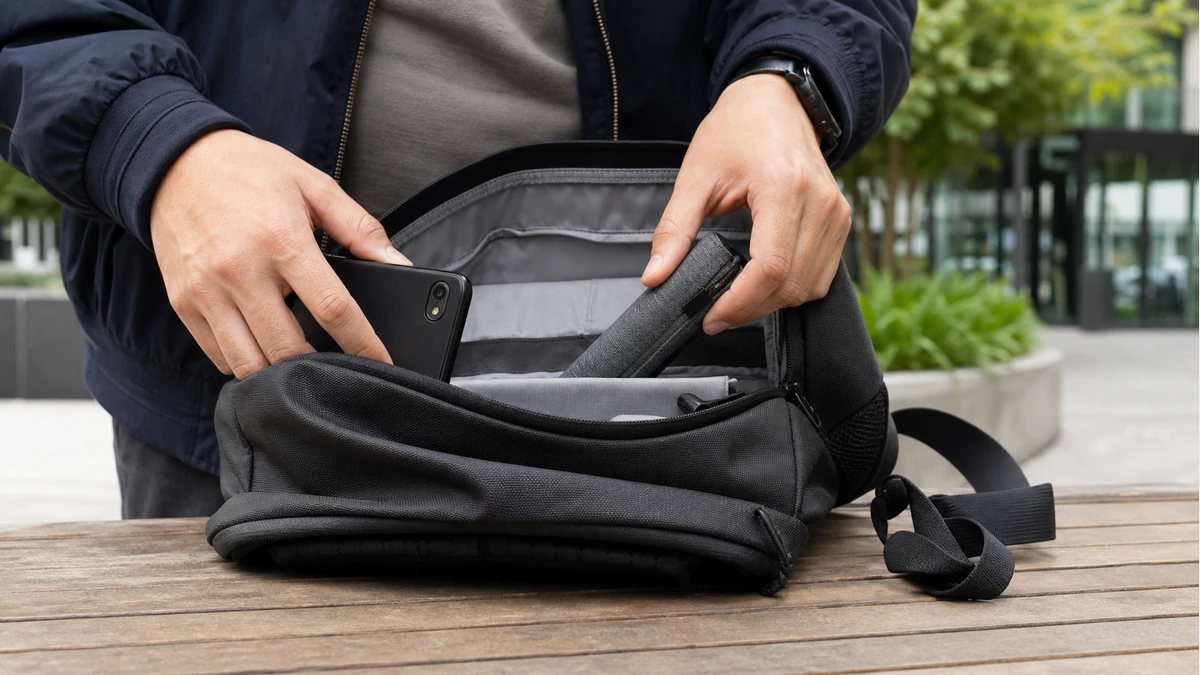 A protected pen belongs in a dedicated bag compartment