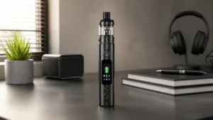 Complete vape device with a status screen on an adult office desk
