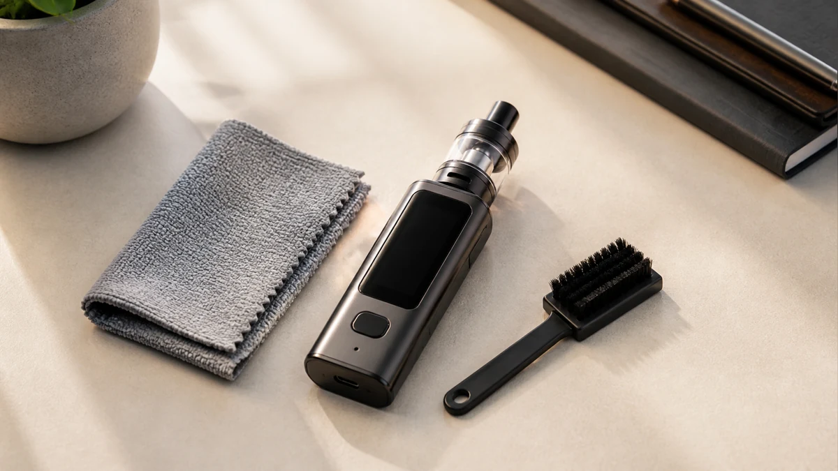 Powered-off screen vape with a dry brush and microfiber cloth Powered-off screen vape with a dry brush and microfiber cloth