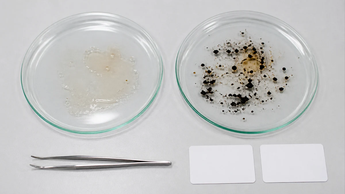 Light condensate and dark combustion residue on glass plates