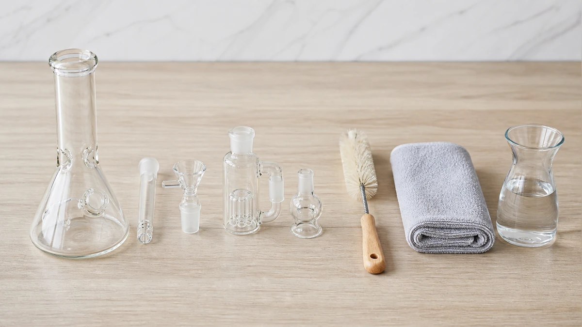 Complete glass parts, brush, towel and water carafe arranged after cleaning