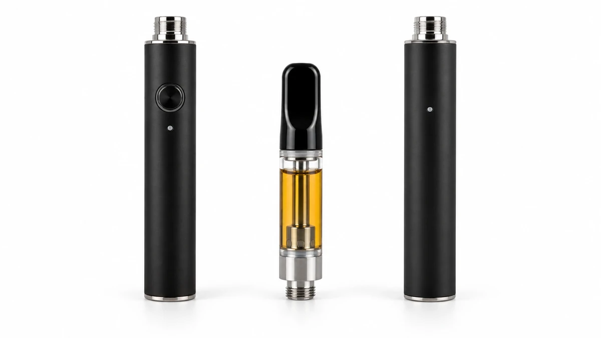 Button-operated and draw-activated 510 batteries beside a cartridge