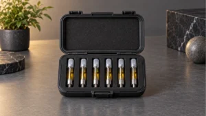 Protective case holding capped 510 oil cartridges upright