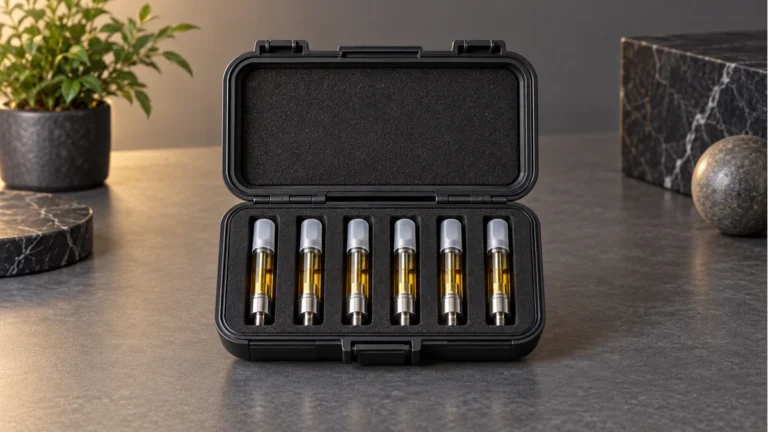 Protective case holding capped 510 oil cartridges upright