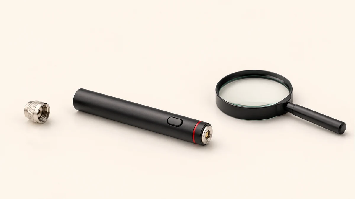 Wax pen connector terminology Opaque wax pen battery, separate connector cap and magnifying glass on a neutral background.