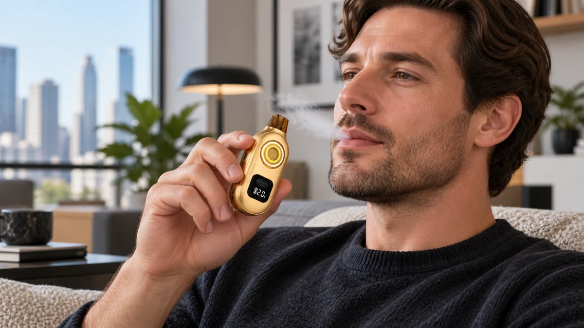 Adult using the compact AOVAPE Rova concentrate vaporizer indoors