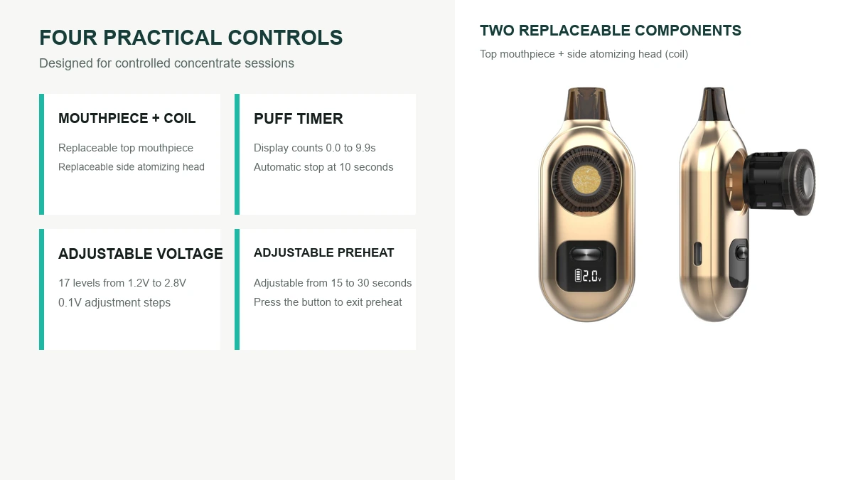 Replaceable mouthpiece and coil puff timer voltage and preheat features