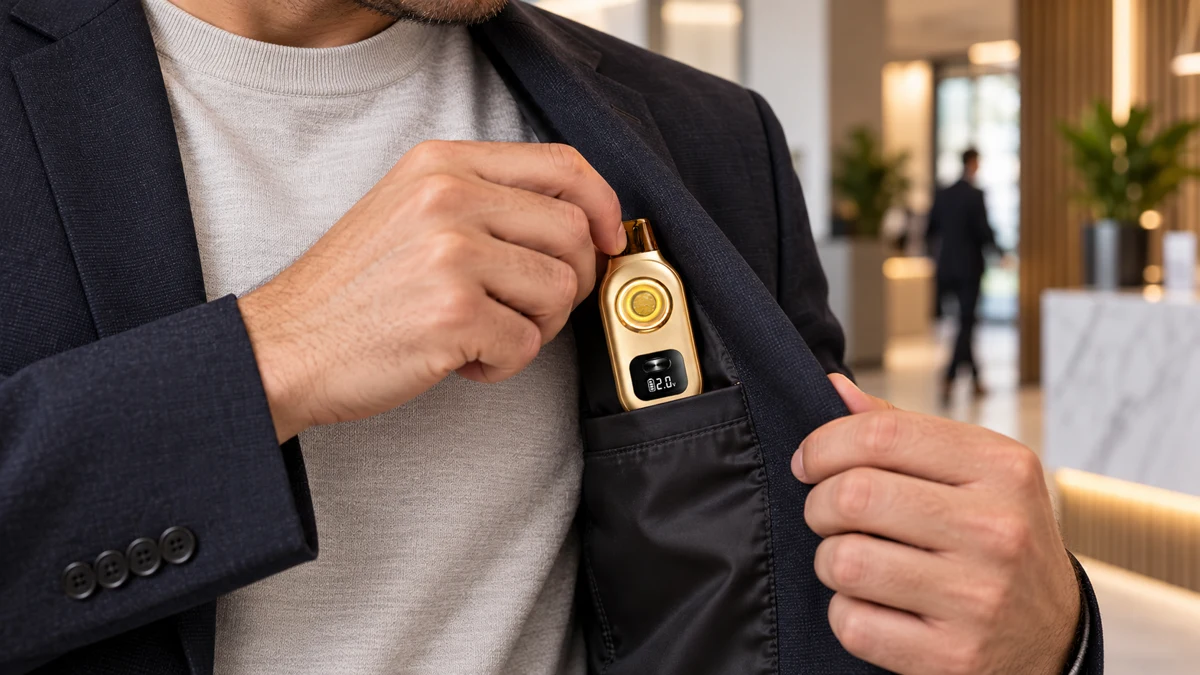 Adult placing the compact AOVAPE Rova device in an inside jacket pocket