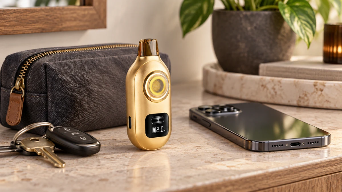 Compact AOVAPE Rova device beside an everyday carry pouch
