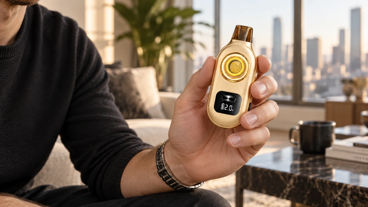 Adult holding the compact AOVAPE Rova concentrate vaporizer indoors