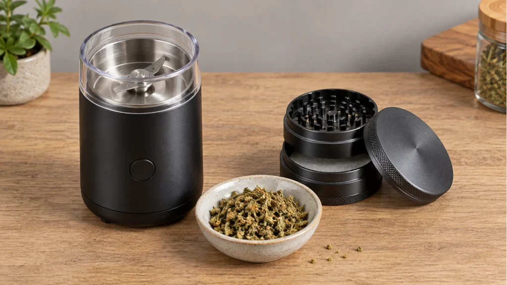 Electric blade herb grinder beside a traditional toothed grinder