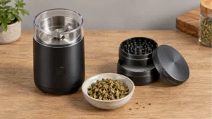 Electric blade herb grinder beside a traditional toothed grinder