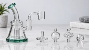 Glass dab rig, quartz banger and several carb cap styles