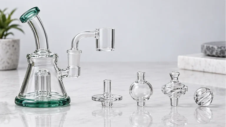 Glass dab rig, quartz banger and several carb cap styles
