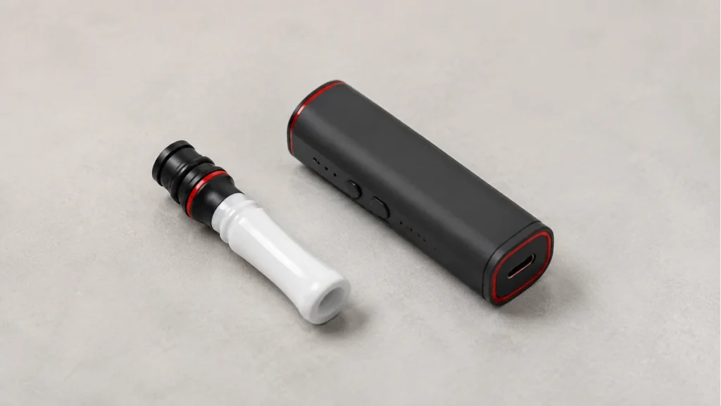 Ceramic nectar collector tip beside a compact wax pen body