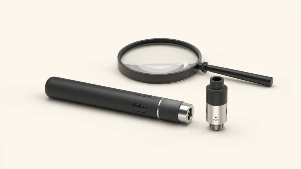 Generic wax pen and separate compact wax atomizer examined with a magnifying glass.