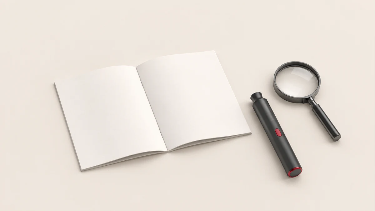 Checking wax atomizer documentation Opaque wax pen beside a blank instruction booklet and magnifying glass.