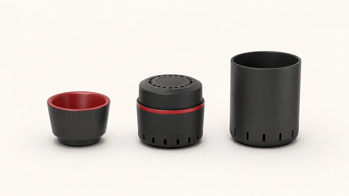 Cup, heater assembly and chamber terminology Three separate abstract wax atomizer forms representing a cup, heater assembly and chamber shell.