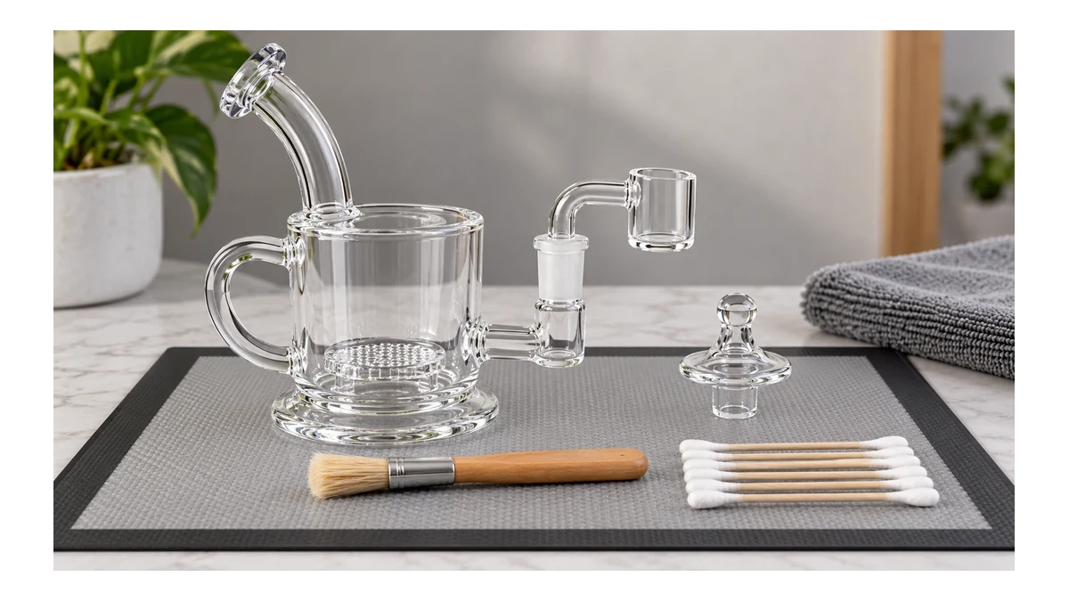 Cup dab rig components arranged for cleaning