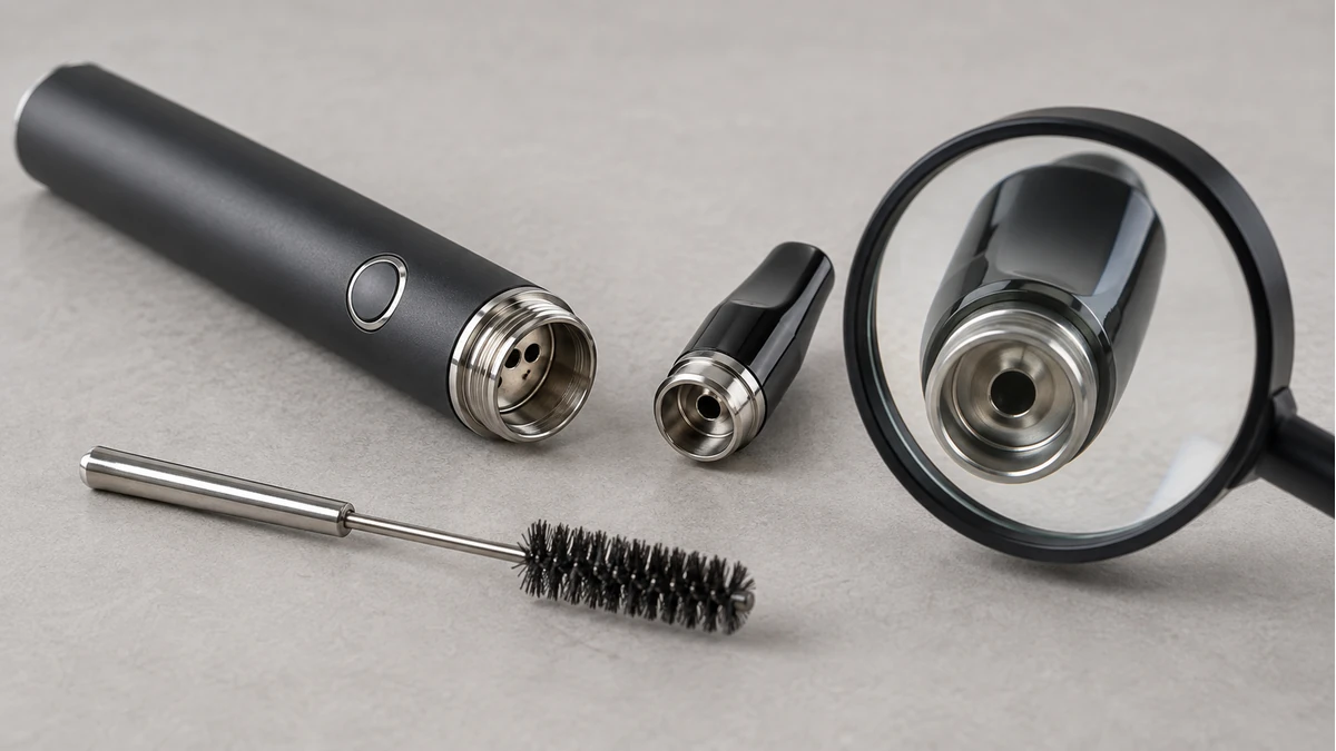 Wax pen mouthpiece and chamber openings inspected with a magnifier