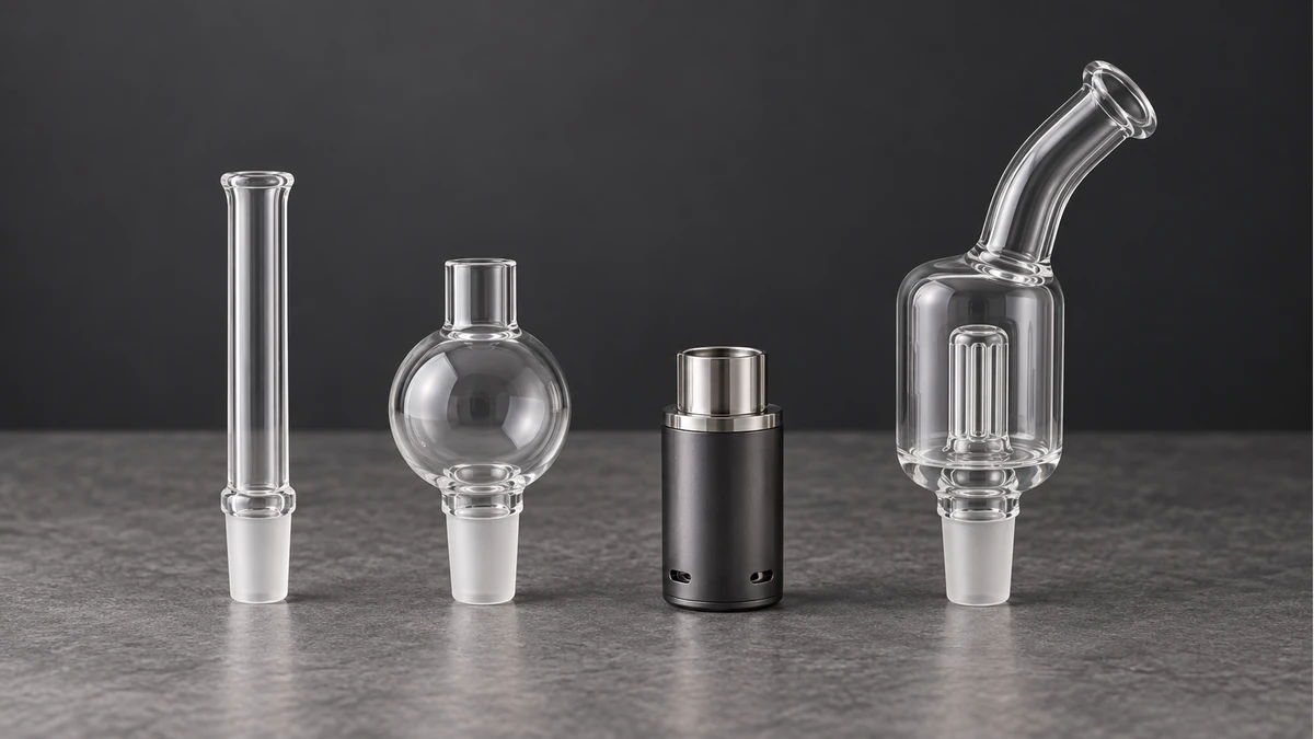 Glass mouthpiece, globe and miniature bubbler beside wax pen hardware Glass mouthpiece, globe and miniature bubbler beside wax pen hardware