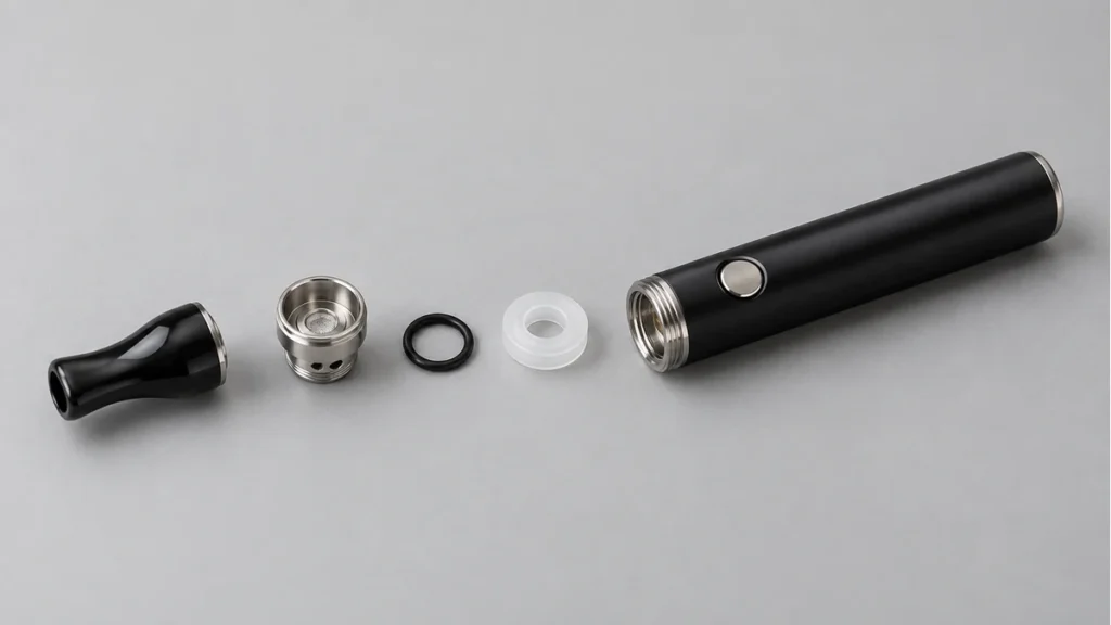 Wax pen mouthpiece, chamber seals and battery body separated