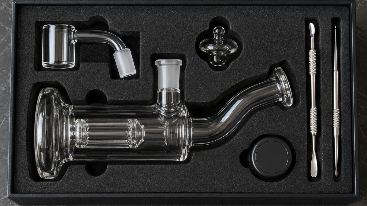 Glass dab rig and accessories nested in custom foam cutouts