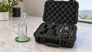 Glass dab rig beside an open hard case with foam compartments