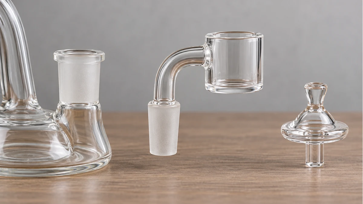 Glass rig joint, quartz banger and carb cap aligned separately