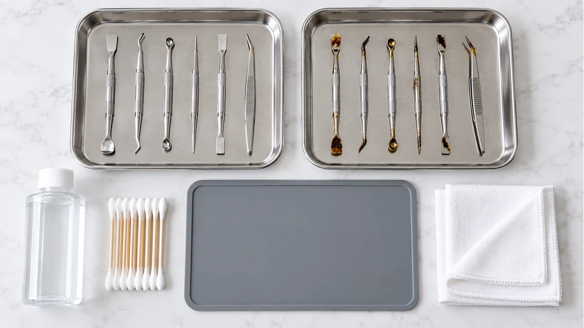 Clean and used dab tools stored in separate trays