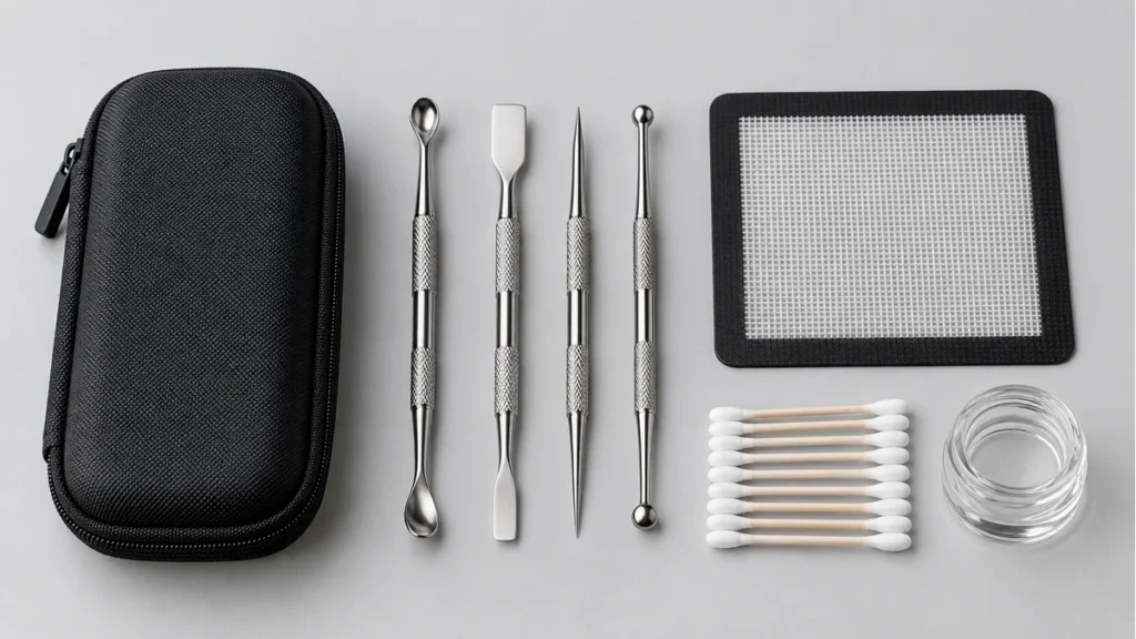 Organized dab tool kit with metal tips, swabs, mat and case