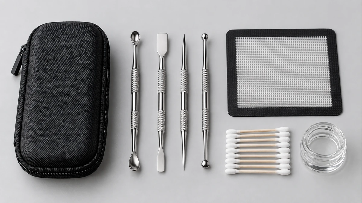 Organized dab tool kit with metal tips, swabs, mat and case