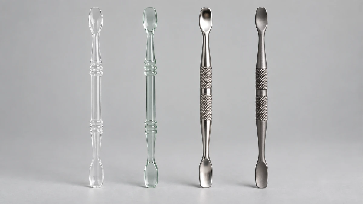 Quartz and metal dab tools arranged for shape comparison