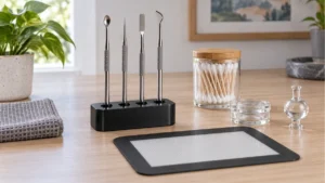 Weighted dab tool stand with four stainless tools and organized accessories