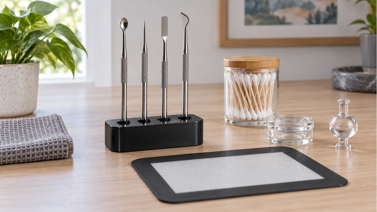 Weighted dab tool stand with four stainless tools and organized accessories