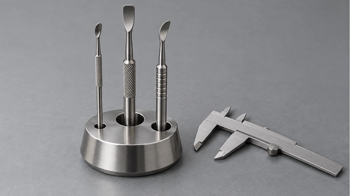 Weighted stand with different slot sizes and stainless dab tools