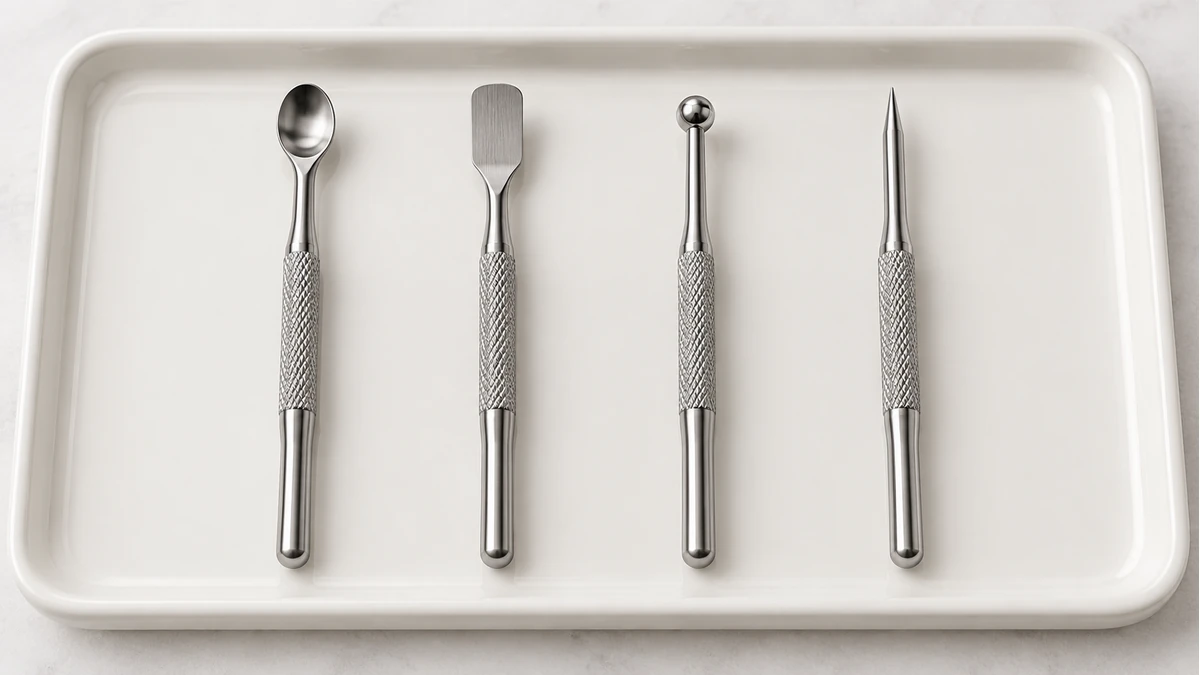 Four different dab tool tip profiles on a clean tray