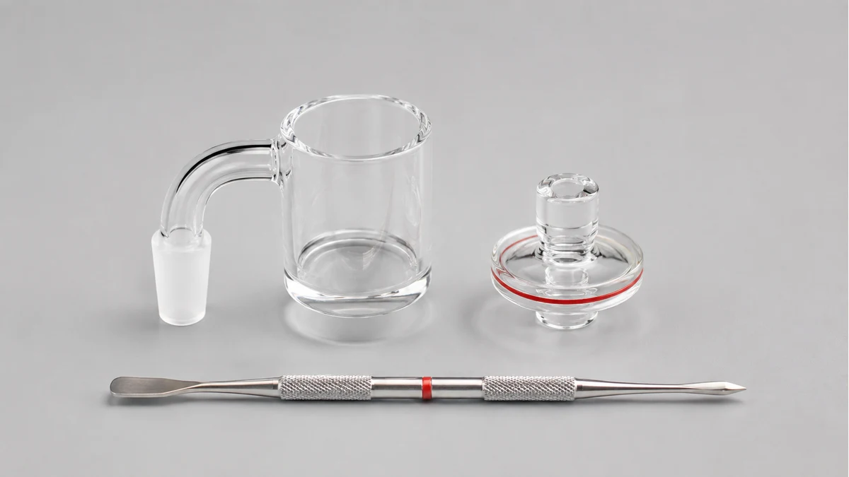 Quartz banger, carb cap and dab tool arranged separately