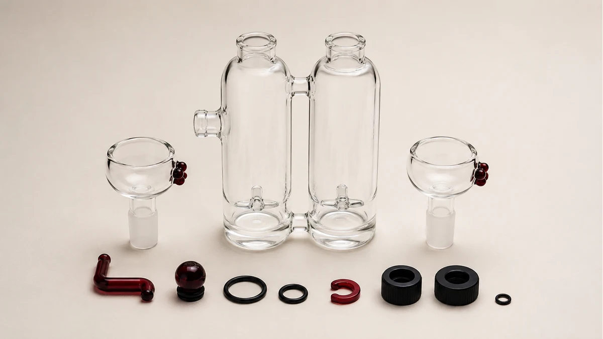 Double-barrel bong components arranged separately
