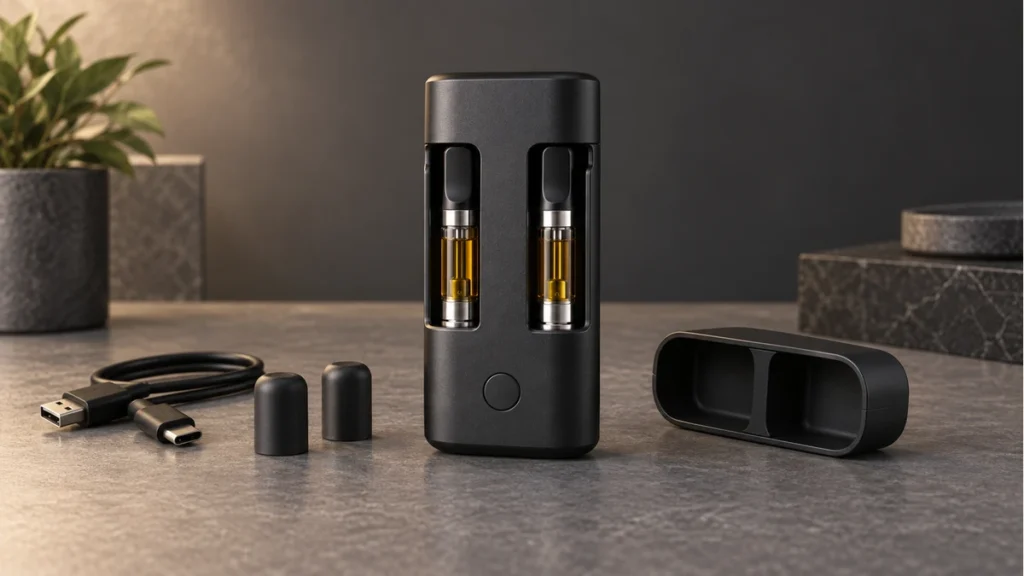 Dual 510 battery holding two protected oil cartridges