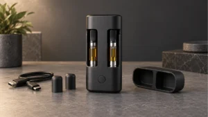 Dual 510 battery holding two protected oil cartridges