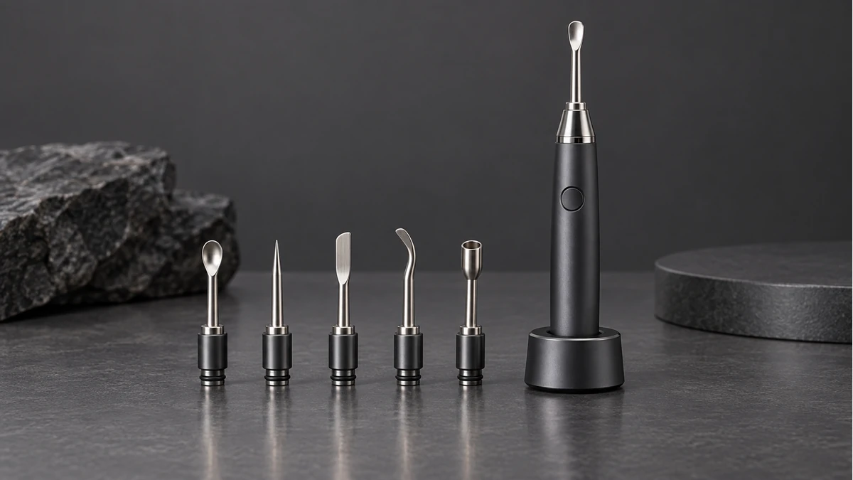 Replaceable heated dab-tool tips beside a powered handle