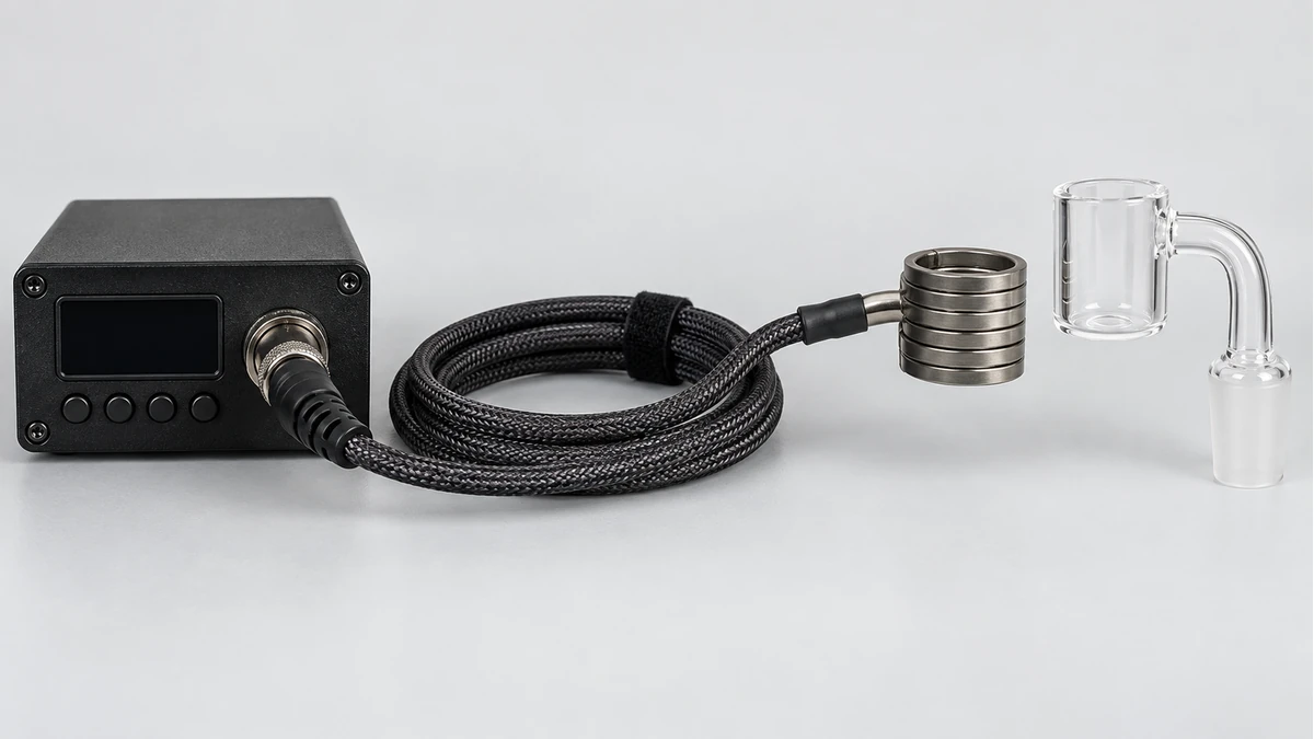 E-nail controller connected to a heater coil beside a quartz banger E-nail controller connected to a heater coil beside a quartz banger