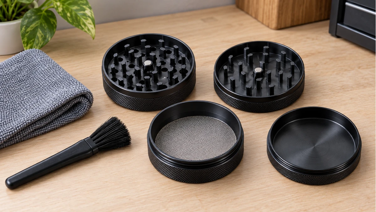 Disassembled herb grinder with screen, brush and cleaning cloth Disassembled herb grinder with screen, brush and cleaning cloth